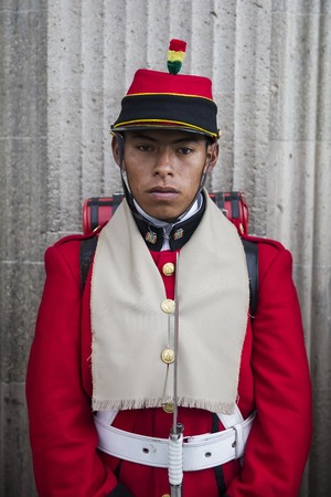 LA PAZ, BOLIVIA - JANUARY 12, 2018: Unidentified soldier at Mausoleum of Marshal Andres de Santa Cruz in La Paz, Bolivia. Santa Cruz was Bolivian president from 1829-1839のeditorial素材
