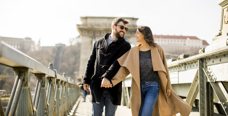 Loving couple on Chain bridge, Budapest, Hungaryの写真素材