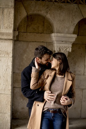 Hugged loving couple  in the historical area of Budapest, Hungaryの写真素材