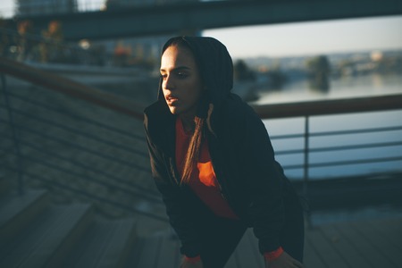 View at prety young woman exercising outsideの写真素材