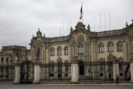 LIMA, PERU - DECEMBER 29, 2017: Unidentified guards by Presidential Palace in Lima, Peru. This Baroque Revival was opened in 1938.のeditorial素材