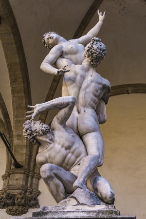 Statue Abduction of a Sabine Woman by Giambologna from 1583 in the Loggia dei Lanzi in Florence, Italyの写真素材