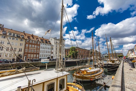 COPENHAGEN, DENMARK - JUNE 13, 2018: Detail from Nyhavn in Copenhagen, Denmark. Nyhavn is a 17th century waterfront and entertainment district in Copenhagen.のeditorial素材