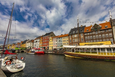 COPENHAGEN, DENMARK - JUNE 14, 2018: Detail from Nyhavn in Copenhagen, Denmark. Nyhavn is a 17th century waterfront and entertainment district in Copenhagen.のeditorial素材