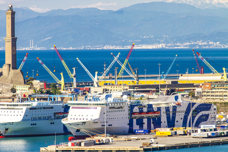GENOA, ITALY - APRIL 29, 2017: Detail from Genoa port in Italy. Port of Genoa is the major Italian seaport.のeditorial素材