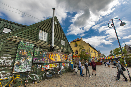 COPENHAGEN, DENMARK - JUNE 14, 2018: Detail from Freetown Christiania in Copenhagen, Denmark. Christiania is a self-proclaimed autonomous anarchist district founded at 1971.のeditorial素材