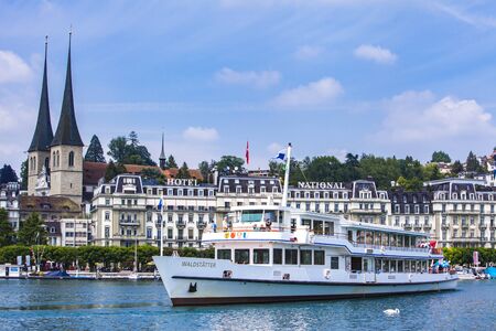 LUCERNE, SWITZERLAND - MAY 19, 2018: View at Lucerne town from the lake. Lucerne is the capital of the canton of Lucerne in Switzerland.のeditorial素材