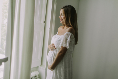 Pretty young pregnant woman standing by the window