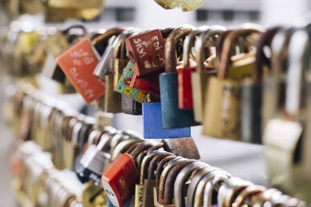 LJUBLJANA, SLOVENIA - JUNE 30, 2018: Padlocks on the Butchers bridge in Ljubljana, Slovenia. Padlocks symbolizing declarations of eternal love.のeditorial素材