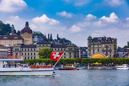 LUCERNE, SWITZERLAND - MAY 19, 2018: View at Lucerne town from the lake. Lucerne is the capital of the canton of Lucerne in Switzerland.のeditorial素材