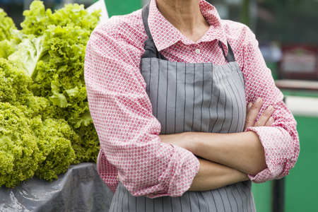 View at senior woman sells lettuce on marketplaceの写真素材