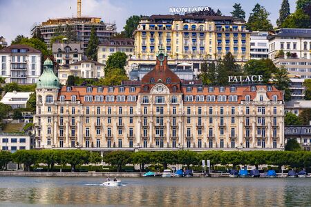 LUCERNE, SWITZERLAND - MAY 19, 2018: View at Lucerne town from the lake. Lucerne is the capital of the canton of Lucerne in Switzerland.のeditorial素材