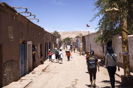 SAN PEDRO DE ATACAMA, CHILE - JANUARY 15, 2018: Unidentified people on the street of San Pedro de Atacama, Chile. It is a town on arid high plateau in the Andes, at northeastern Chileのeditorial素材