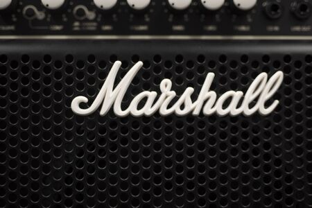 BELGRADE, SERBIA - JULY 23, 2018: Detail of the Marshall amplifier in Belgrade, Serbia. Marshall Amplification is an English company that designs and manufactures music equipment, founded at 1960.のeditorial素材