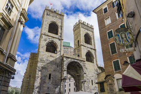 GENOA, ITALY - APRIL 29, 2017: Detail of the Porta Soprana in Genoa, Italy. This monumental gate was built at 1155 as part of a defensive wall systemのeditorial素材