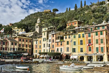 PORTOFINO, ITALY - MARCH 12, 2018: Seaside view at Portofino, Italy. Portofino is one of the most popular resort towns on the Italian Rivieraのeditorial素材