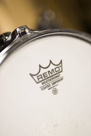 BELGRADE, SERBIA - JULY 23, 2018: Detail of the Remo Instruments drum. Remo Inc. is an American  percussion instrument company, founde dat 1957.のeditorial素材