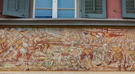 RAPPERSWIL, SWITZERLAND - MAY 18, 2018: Detail of decorative facade in Rapperswil, Switzerland. Rapperswil is historic town on the south end of Lake Zurich.のeditorial素材