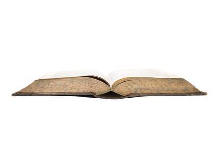 Opened vintage antique book isolated on the white backgroundの写真素材