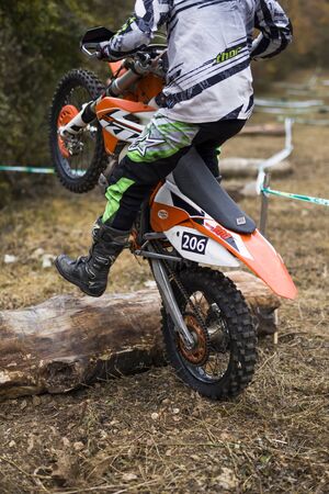 SOKO BANJA, SERBIA - OCTOBER 20, 2018: Unidentified driver at Hard Enduro Race in Soko Banja, Serbia. This moto offroad race took place at October 20-21, 2018.のeditorial素材