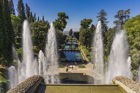 TIVOLI, ITALY - SEPTEMBER 23, 2018: Unidentified people at Villa d'Este in Tivoli, Italy. This 16th century villa in Tivoli is listed as a UNESCO world heritage site.のeditorial素材