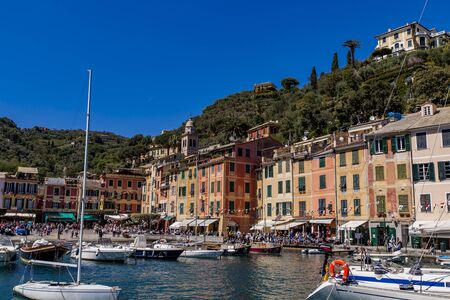 PORTOFINO, ITALY - APRIL 29, 2017: Detail of Portofino bay in Italy. Portofino is one of the most popular resort towns on the Italian Riviera.のeditorial素材