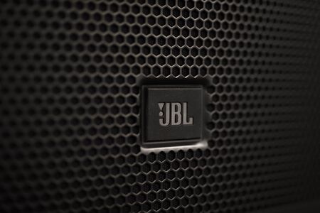 BELGRADE, SERBIA - JULY 23, 2018: Closeup detail of JBL loudspeaker. JBL is an American loudspeakers company founded at 1947.のeditorial素材