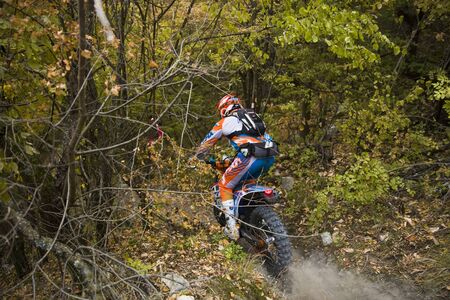 SOKO BANJA, SERBIA - OCTOBER 20, 2018: Unidentified driver at Hard Enduro Race in Soko Banja, Serbia. This moto offroad race took place at October 20-21, 2018.のeditorial素材