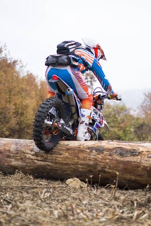SOKO BANJA, SERBIA - OCTOBER 20, 2018: Unidentified driver at Hard Enduro Race in Soko Banja, Serbia. This moto offroad race took place at October 20-21, 2018.のeditorial素材