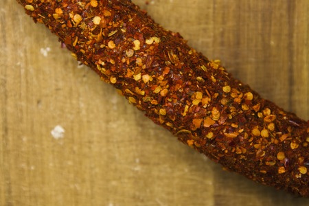 French dried sausages from Auvergne on the wooden tableの写真素材
