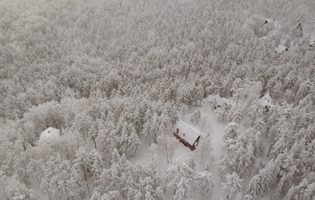 Aerial view at the winter mountain landscapeの写真素材