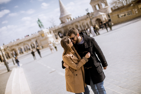 Hugged loving couple by the Fisherman's Bastion in Budapest, Hungaryの写真素材