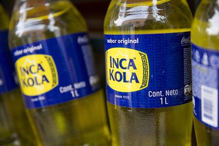 COPACABANA, BOLIVIA - JANUARY 6, 2018: View at Inca Kola bottles in Copacabana, Bolivia. Inca Kola is a Peruvian soft drink created in 1935.のeditorial素材
