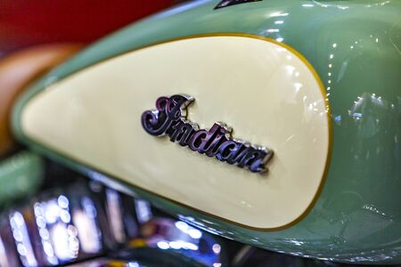 BELGRADE, SERBIA - MARCH 23, 2019: Detail from Indian motorcycle in Belgrade, Serbia. Indian is an American brand of motorcycles originally produced from 1901 to 1953 in Springfield.のeditorial素材