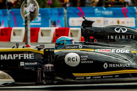 NICE, FRANCE - MAY 1, 2019: Daniel Ricciardo in Renault Formula One racing car in Nice, France. It...