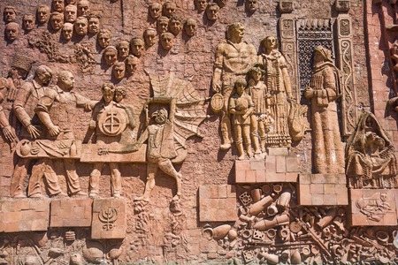 KUTAISI, GEORGIA - APRIL 27, 2019:Detail of the Soviet-era relief on wall of city market in Kutaisi, Georgia. Mosaics and wall sculptures were popular decoration during the Soviet eraのeditorial素材