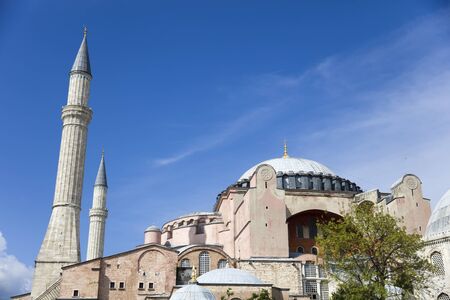 View at Hagia Sophia domes and minarets in the old town of Istanbul, Turkey