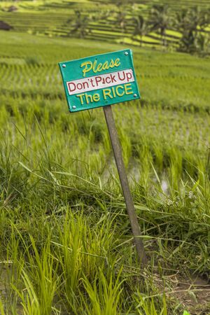 Tourists warning sign at rice  fields of Jatiluwih in southeast Bali, Indonesiaの写真素材