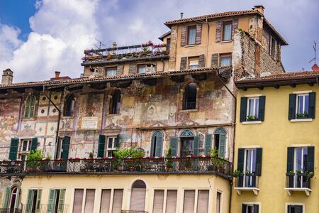 Detail of Mazzanti Houses in Verona, Italy. This buildings was owned and frescoed by Mazzanti family at 16th century.の写真素材
