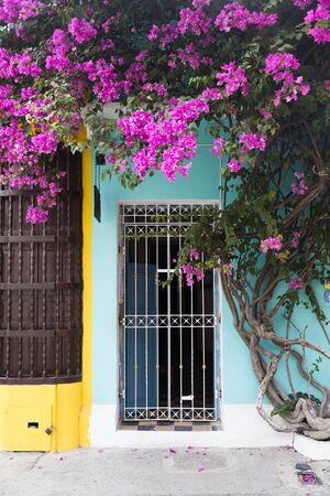 View at typical Latin American colonial window in Cartagena, Colombiaの写真素材
