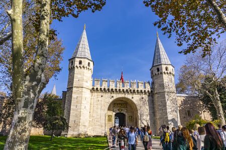ISTANBUL, TURKEY - NOVEMBER 10, 2019: Unidentified people at Gate of Salutation at Topkapi Palace in Istanbul, Turkey. In the 15th century, Topkapi Palace served as the main residence of the Ottoman sultansのeditorial素材