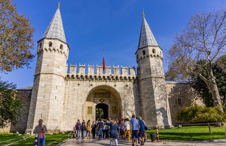 ISTANBUL, TURKEY - NOVEMBER 10, 2019: Unidentified people at Gate of Salutation at Topkapi Palace in Istanbul, Turkey. In the 15th century, Topkapi Palace served as the main residence of the Ottoman sultansのeditorial素材
