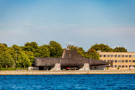 COPENHAGEN, DENMARK - JUNE 13, 2018: HDMS Saelen (S323) small coastal submarine of Royal Danish Navy in Copenhagen, Denmark. It is launched at 1965 and since 2003 at old navy headquarters at Holmen in  Copenhagenのeditorial素材