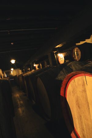 View at wine in wooden barrels stored for aging in the cellar