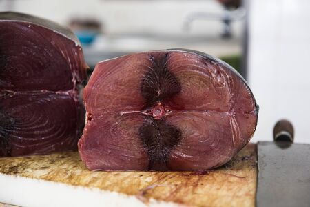 Fresh tuna steaks at the fish market