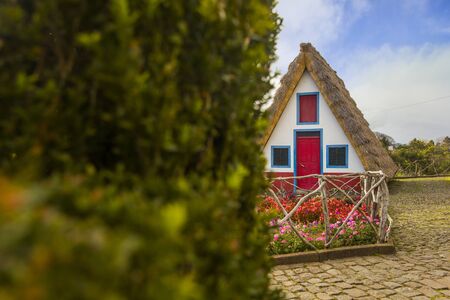 View at traditional Santana house at Madeira islandの写真素材