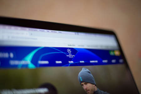 BELGRADE, SERBIA - MARCH 9, 2020: UEFA Champions League web site on computer screen. It is an annual club football competition organised by the Union of European Football Associations.のeditorial素材