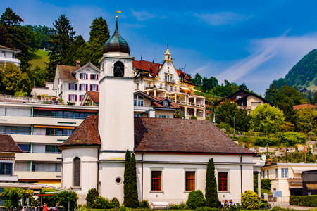 WEGGIS, SWITZERLAND - MAY 19, 2018: Town Weggis on Lucerne lake in Switzerland. After Lucerne,...