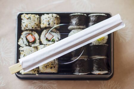 Fresh made sushi maki and rolls on the plateの写真素材
