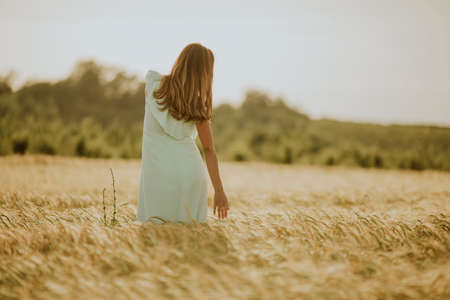 Young pregnant woman in blue dress in the summer field